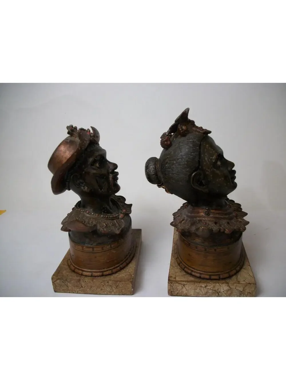 2) Antique Chinoiserie-style Mandarin and Queen jeweled glass eyed Sculptures